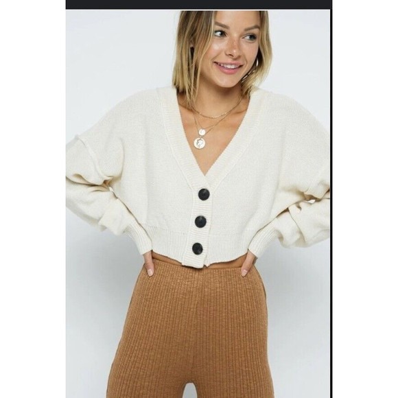 Lulus Sweaters - LULUS Cardigan Sweater Top Cuddly Moments Ivory Ribbed Balloon Sleeve Size M